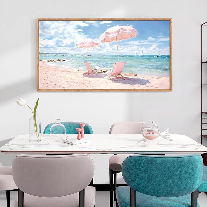 KAlRNE Summer Pink Beach Framed Canvas Wall Art Set of 1(20”X40”),Seascape Coastal Surfing Wall Decor,Modern Nature Ocean Art Prints For Living Room Bedroom Office