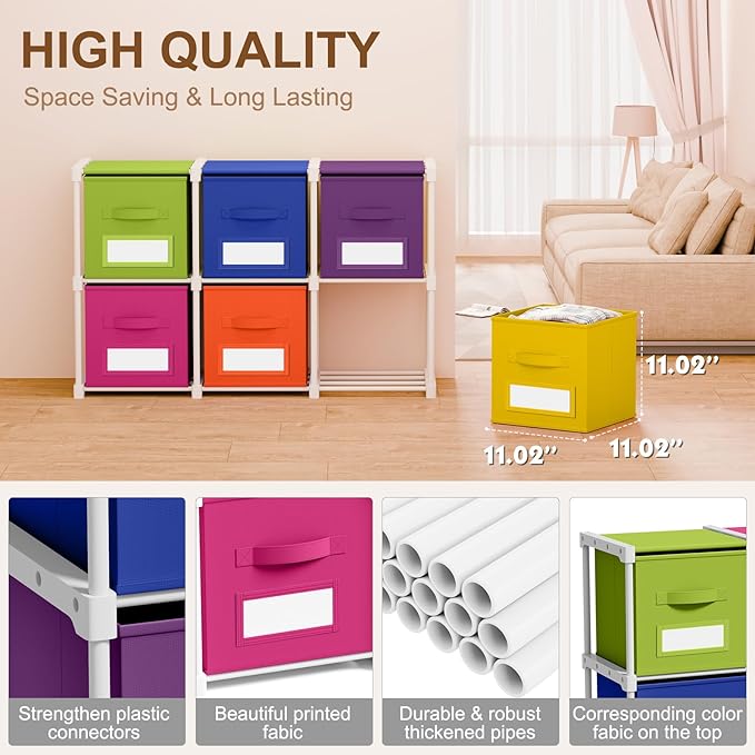 Geelin 6 Cube Toys Storage Organizer with Fabric Bins and Labels, 11 Inch Collapsible Cubby Storage Drawers Colorful Dresser with Shelf for Playroom Nursery Closet Bedroom Dorm Decor