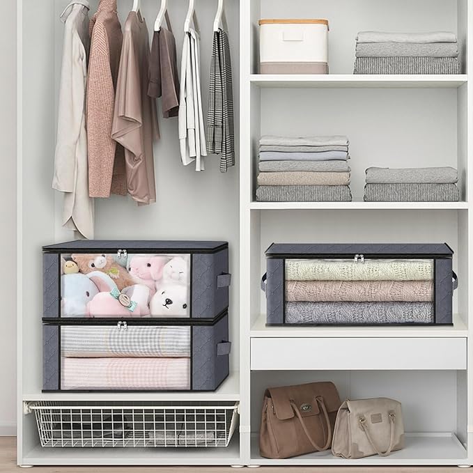 HomeHacks Storage 10-Pack Clothes Organizer Storage Bags Foldable Storage Box with Large Clear Window Sturdy Handles for Closet, Dorm, Pillows, Bedding, Clothes, Blankets, 35L, Grey