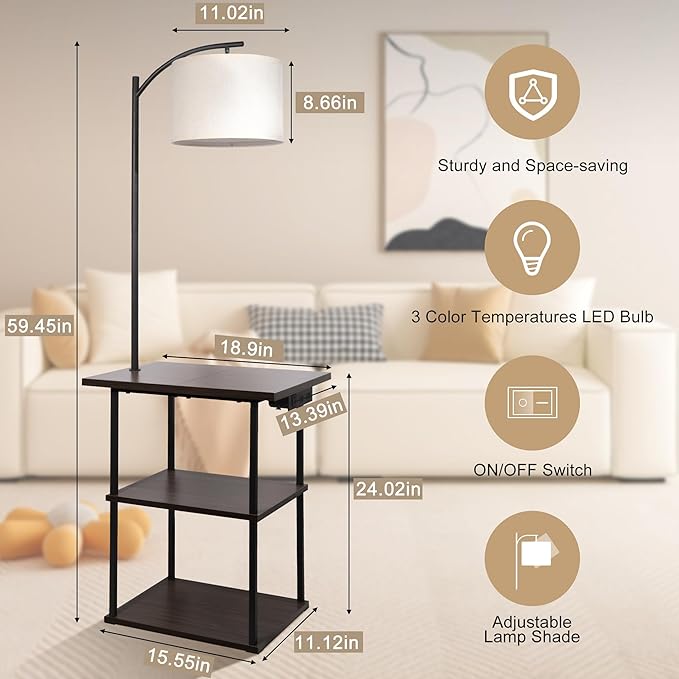 PESRAE Floor Lamp with Table,Lamps for Nightstand with Charging Station(USB & Type-C & AC Port), 3 Color Temperatures 9W LED Bulb, Modern Shelves Side Table for Bedroom, Office