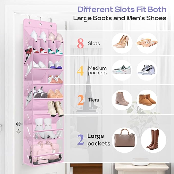 MISSLO Clear Over the Door Shoe Organizer Large Deep Pockets Hanging Shoe Rack for Closet Fit 20 Pairs Shoe Holder for Sneakers Boots Storage, Pink
