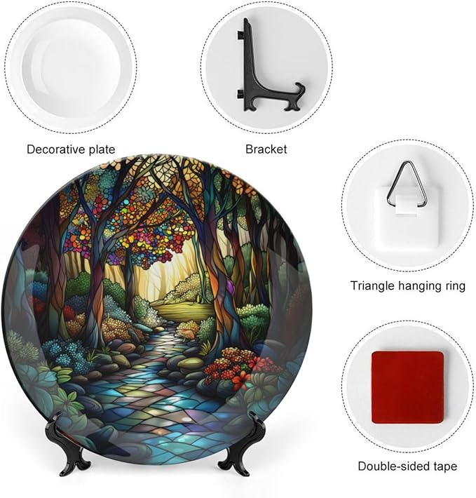 Stained Glass Theme Decorative Ceramic Plate Round Porcelain Plate,10 inch,Sunrise Forest Stream Pattern,for Decorative Ornaments Giving Plates, 1 Plate with 1 Display Stand,Green Gold