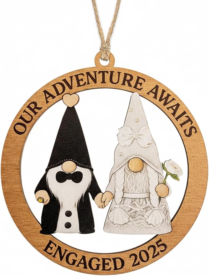 Engagement Ornament, Gnome Ornaments, Gnome Gifts for Women, Wedding Ornaments, Our Adventure Awaits Engaged 2026 Wooden Keepsake, Handmade Couple Christmas Decoration, Engagement Gifts Ready to Gift