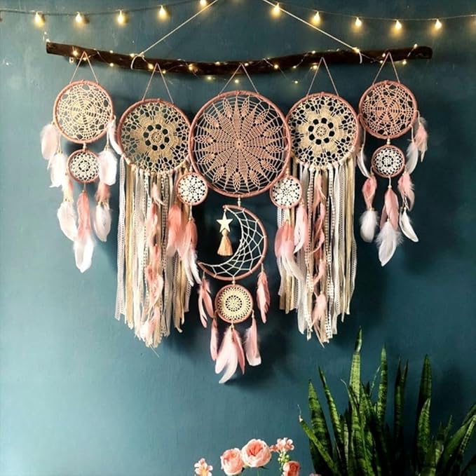 5 Pack Bohemian Ornaments,Dreamcatcher Gift Boho Native American Decor, Handmade Dreamcatcher for Girls, Boys, Adults, Kids Room,Witchy Gifts (Pink)