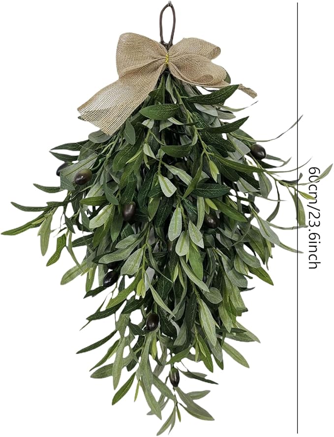 Olive Teardrop Swag – Holiday Artificial Olivee Dangling Ornament with Bow | 60cm/23.62 Inch Green Olive Swag Wreath for Wedding, Birthday, Party, Festival, Christmas, Home Decoration