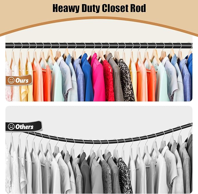 Closet Rod, 16 to 75 Inch Heavy Duty Adjustable Clothes Rod for Hanging Clothes and Heavy Duty Clothes Rod Bracket Rods Support (The Shelf NOT Included) (Black)