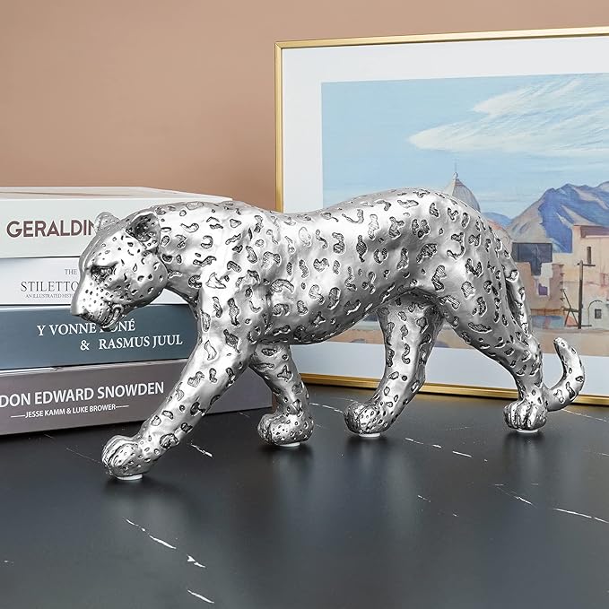 Cheetah Statue Home Decor Leopard Sculpture Resin Sitting Cheetah Figurine Desktop Table Top Ornament Decoration for Home Office-Gold Or Silver (Walking-Silver)