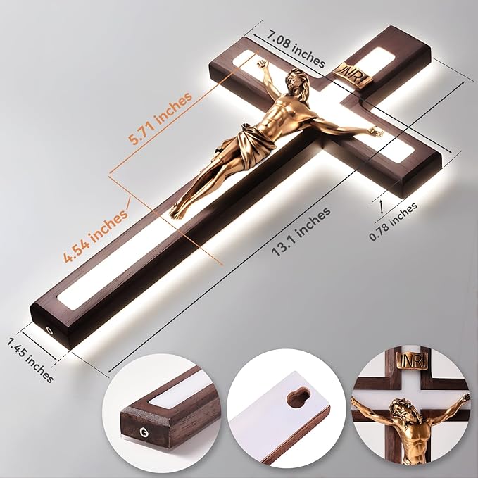 MoSavris Crucifix Wall Cross with Jesus with LED Light Handmade Wood Cross Wall Decor 13 Inch Catholic Wooden Cross for Faith & Blessing Wall or Home Decor Faith Gift for your Acquaintances