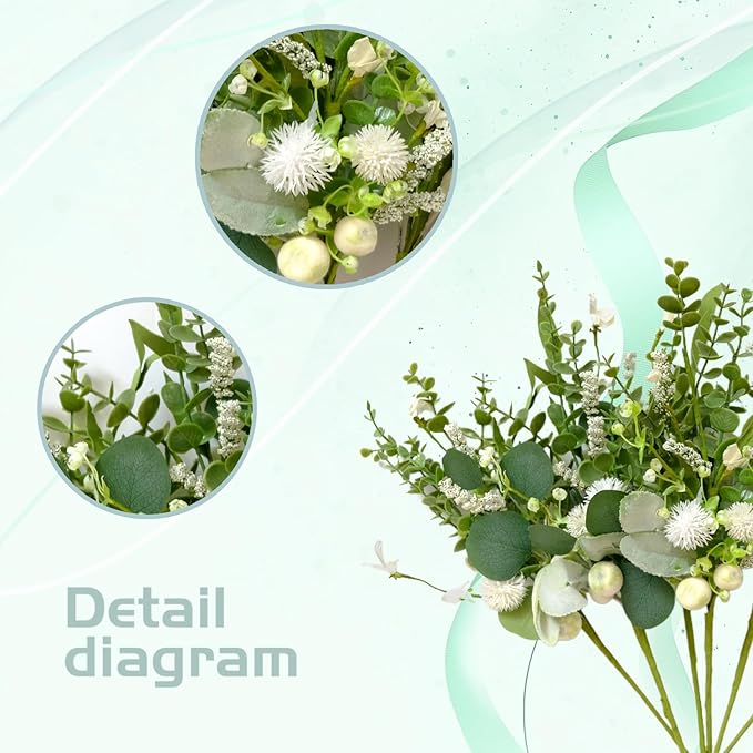 vivimemo 6 Pcs Summer Green Stems, 18 inch Artificial Eucalyptus Stem with White Florals for Home, Party & Wedding Decor Green Picks for Table Fireplace Vase DIY Wreath Decor