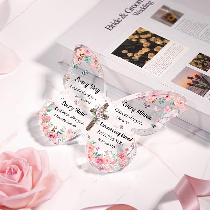 Christian Gifts for Women Faith, Butterfly Acrylic Plaque Sign, Christian Gift for Women on Mothers Day Birthday, Spiritual Present for Female Friend Family, 5x3.8x0.5 Inch - Pink