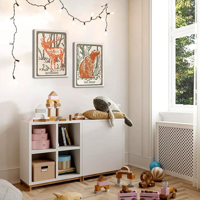 Framed Forest Deer Bear Canvas Wall Art Set of 2, Nursery Wildlife Animal Pictures Wall Decor, Outdoor Nature Woodland Hunting Paintings Prints Farmhouse Home Decor for Kid's Room Bedroom 12x16 inch