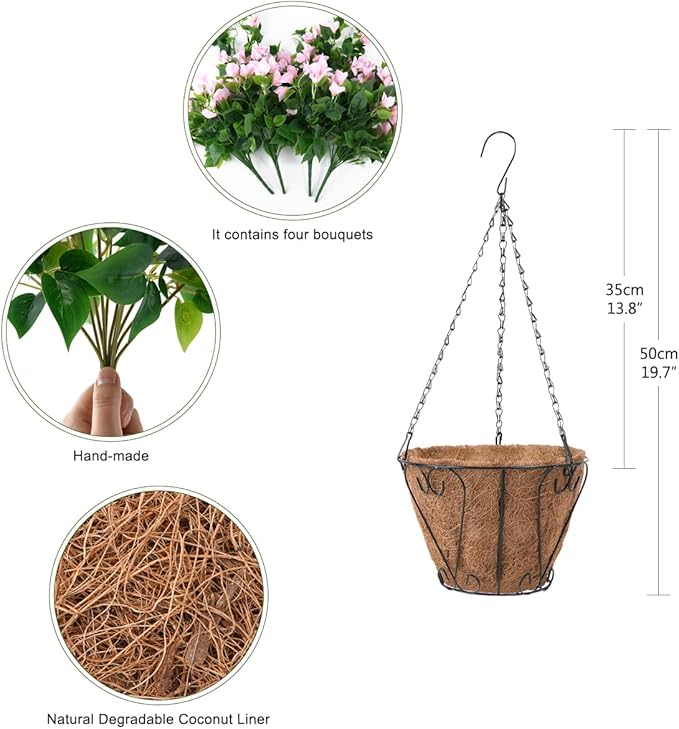 Homsunny Artificial Hanging Flowers Plants Basket for Outdoor Decoration,4 PCS Faux Silk Bougainvillea Vine Flowers Look Real UV Resistant for Outside Porch Patio Yard Garden Decor(Pink
