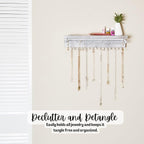 Rustic Necklace Jewelry Organizer - Gray White Wall Mount Jewelry Holder - Mounted Hanging Jewelry Storage Hooks for Necklace, Earrings, and Rings - Farmhouse Wood Decor Bedroom Boho Shelf Rack