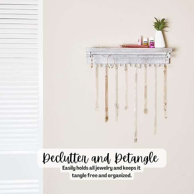 Rustic Necklace Jewelry Organizer - Gray White Wall Mount Jewelry Holder - Mounted Hanging Jewelry Storage Hooks for Necklace, Earrings, and Rings - Farmhouse Wood Decor Bedroom Boho Shelf Rack