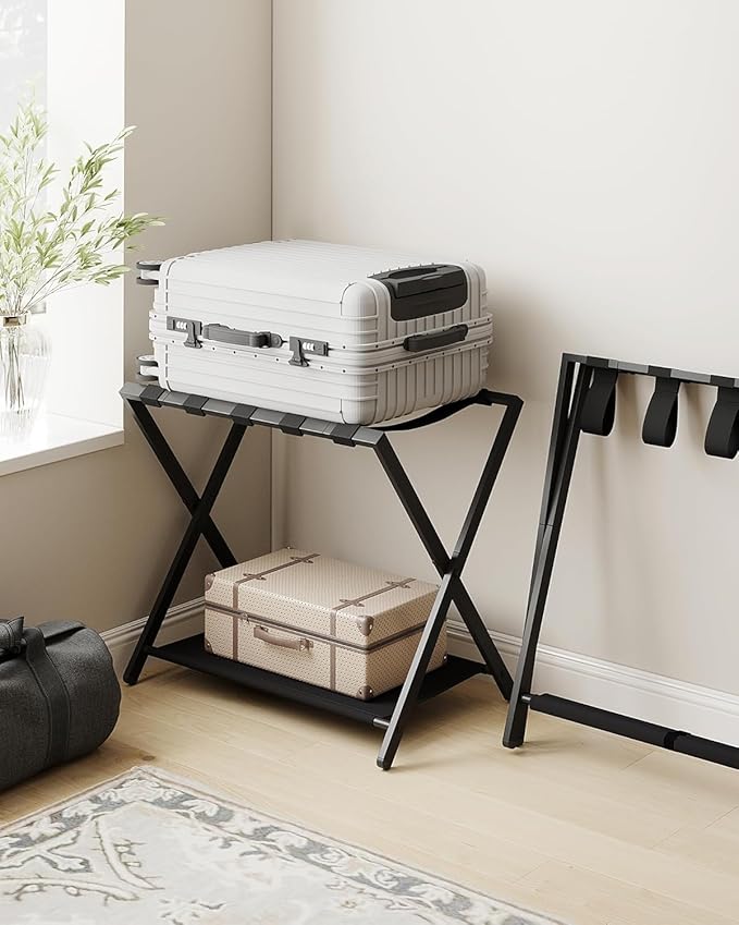 Luggage Rack, Folding Suitcase Stand for Guest, Foldable, Luggage Holders with Shelf, Steel Frame with Nylon Straps for Bedroom, Hotel, Holds up to 154 lb, Black, 1 Pack LR03801B