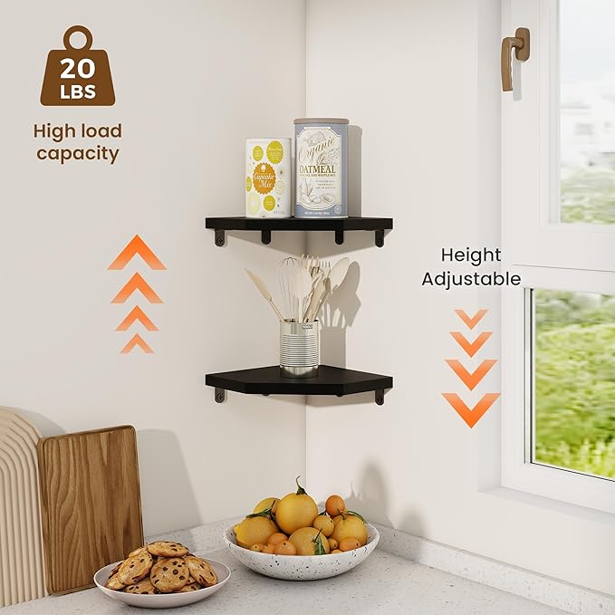 Fun Memories Corner Shelf Wall Mount Set of 2 - Solid Oak Wood Floating Corner Shelf with Cable Hole, 7in Rustic Design for Bedroom, Living Room, Kitchen (Black)