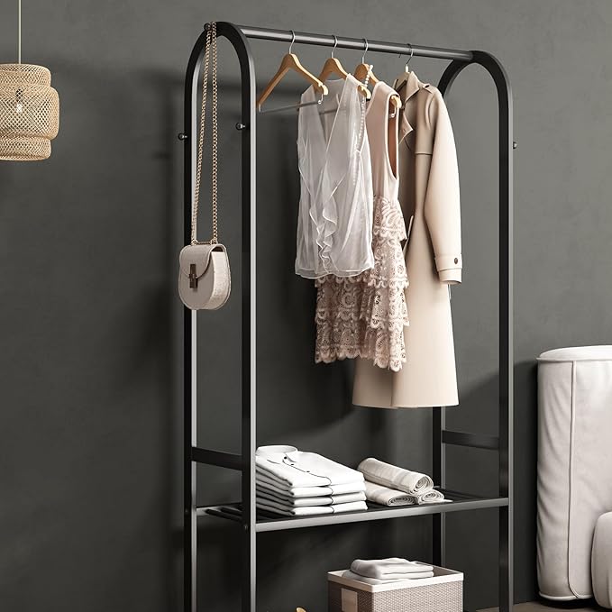 Freestanding Clothing Rack,Metal Garment Rack with Bottom Shelves and 6 Side Hooks,Black Sturdy clothes racks for hanging clothes,Modern Wardrobe Organizer for Bedroom or Closet (L:39.4)