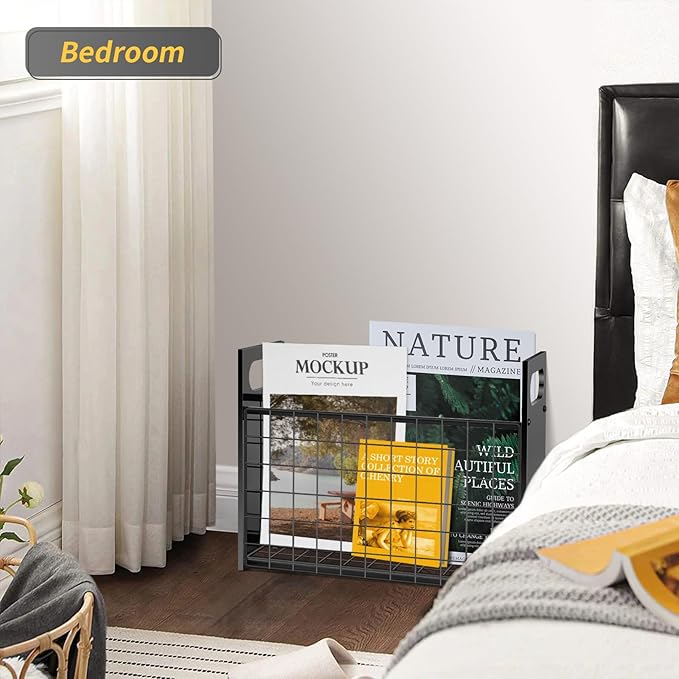 Magazine Rack, Magazine Holder for Desktop and Home Office, Magazine Basket Decorative Books Organizer Farmhouse File Storage Basket for Magazines, Books, Newspapers, Tablets, Black