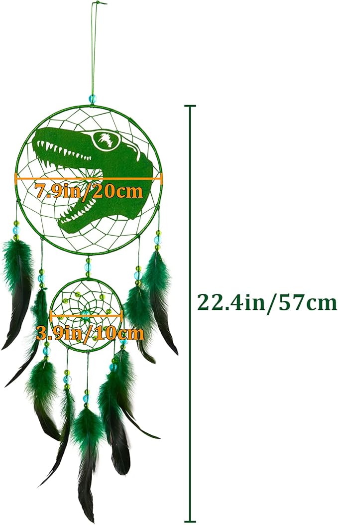 Basumee Dream Catcher for Kids Feather Dream Catchers Handmade Home Decor Wall Hanging with Double Ring for Nursery Bedroom Boys Room, Green Dinosaur