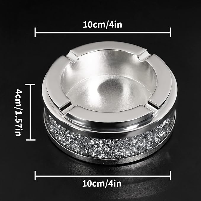 Ashtray, Cool Ashtrays for Cigarettes Outdoor, Cute Glass Ash Tray for Office Tabletop, Crushed Diamond Home Decor, Bling Crystal Decorative Ashtray for Smokers Indoor Use, 4"L x 4"W x 1.57"H, Silver