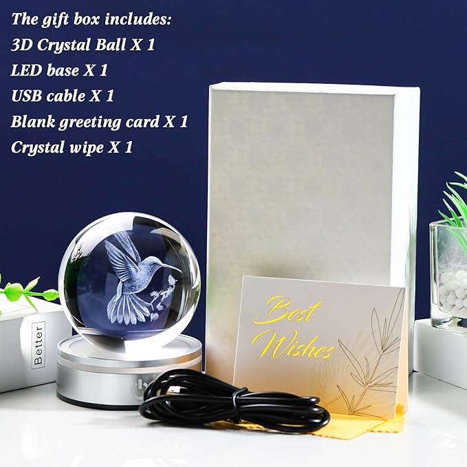 Movdyka 3D Crystal Ball Hummingbird Gifts for Women Men Glass Humming Bird Ornament Animals Figurine Home Decor with Colorful LED Base for Hummingbird Nature Lovers on Birthday Christmas- 3.15"/8CM