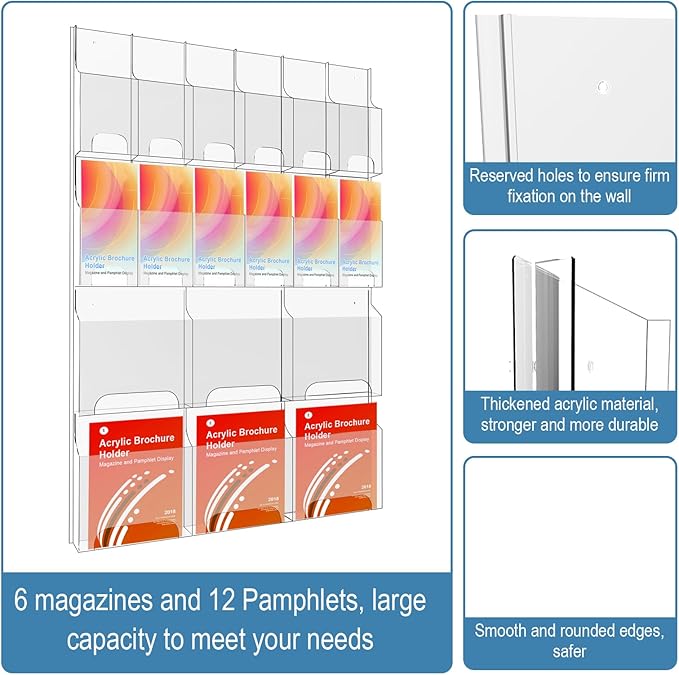 Acrylic Brochure Holder Wall Mount, Magazine and Pamphlet Display, Clear Literature Organizer Rack for 12 Pamphlets and 6 Magazines, Flyer Pamphlet Holder with Business Card Holders and Index Tabs