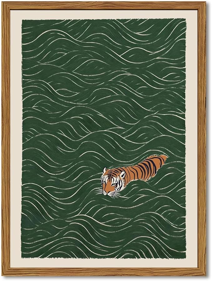 Framed Japanese Tiger Wall Art, Vintage Tiger Swimming Pictures Wall Decor, Funny Wild Animal Paintings Canvas Prints Eclectic Home Decor for Living Room Bedroom Bathroom 16x24 inch