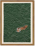 Framed Japanese Tiger Wall Art, Vintage Tiger Swimming Pictures Wall Decor, Funny Wild Animal Paintings Canvas Prints Eclectic Home Decor for Living Room Bedroom Bathroom 12x16 inch