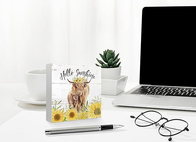 Mtrgdn Summer Decor,Sunflower Highland Cow Decorations, Tiered Tray Decor Western Cow Farmhouse Hello Sunshine Wood Box Sign for Desk Wall Shelf,Gift for Highland Cow Lovers 5x5 Inch