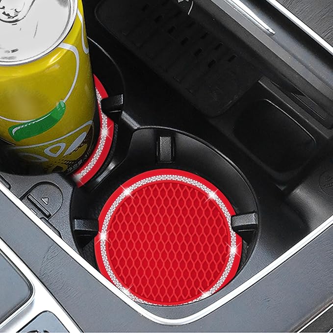 COCASES Car Coasters, 4 Pack Vehicle Bling Car Coaster, Universal Rhinestone Coaster for Cup Holders, Car Interior Accessories Silicone Car Coasters for Women(2.75'' Red, White Crystal Circle)