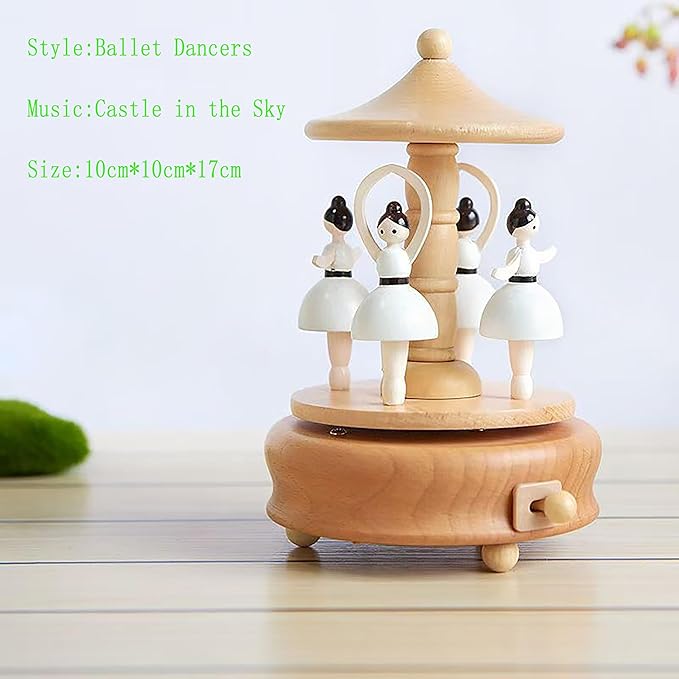 Natural Solid Wood Handcrafted Beech Wooden, Musical FigureTotoro/Carousel/Fairy/Ballerina Figurine,Rotating Hand Crank Mechanism Music Box,Musical Decorations (Ballet Dancers)