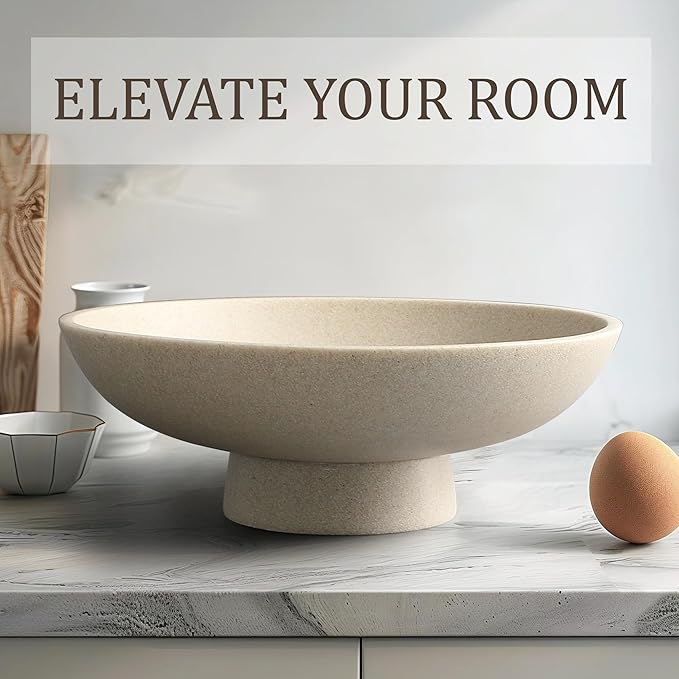 LIN CHUAN Modern Resin Pedestal Bowl – Large Fruit Bowl for Kitchen Counter, Catch All Bowl for Entryway Table, Stylish Key Bowl & Dining Centerpiece, Beige