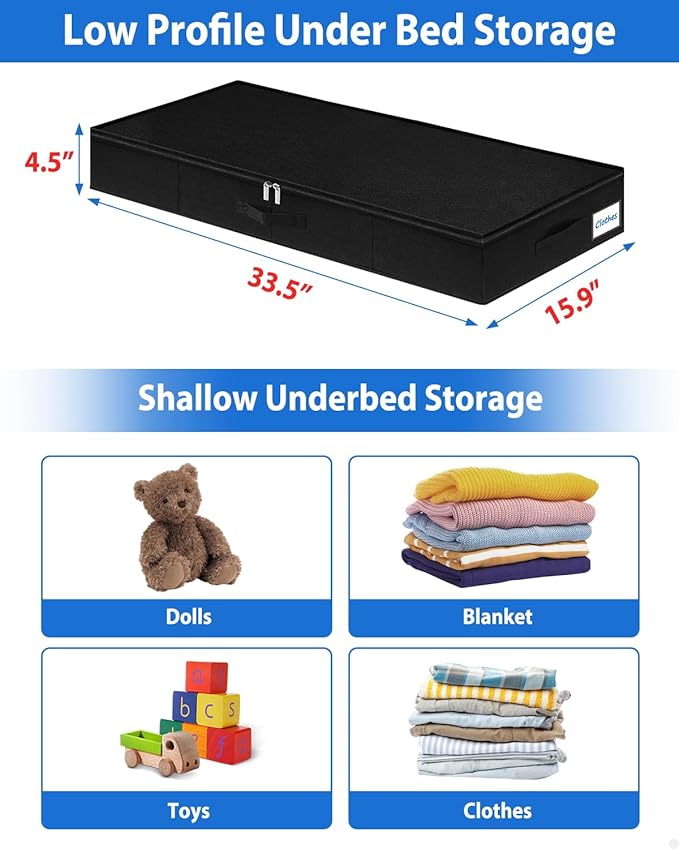 4.5-Inch Tall Under Bed Storage Containers, Low Profile Underbed Zipper Storage Bin, Shallow Under Bed Storage with Sturdy Side & Bottom Support, Linen Storage with Lid for Sofa and Dorm, 4 Pcs, Black