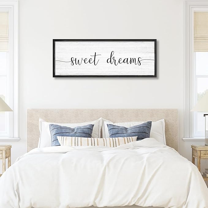Sweet Dreams Wall Decor Above Bed 41.3''×15'' Large Farmhouse Wall Decor for Bedroom Guest Room Decor Framed Wood Wall Art Rustic Master Bedroom Wall Decoration (black frame)