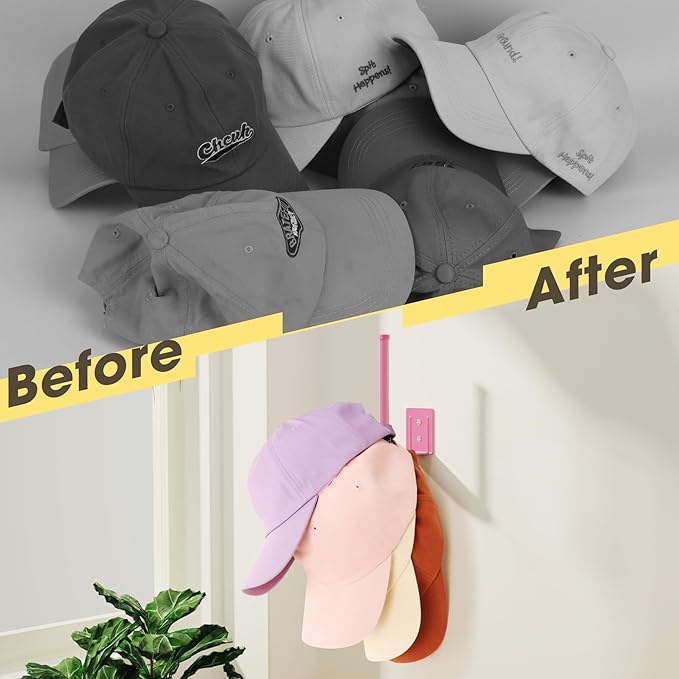 2 Pack Hat Racks for Baseball Caps, Stainless Steel Hat Organizer for Baseball Cap, Hat Holder Storage Organizer, Hat Hanger Strong Adhesive/Wall Drilled for Door, Bedroom, Closet(Pink 6 in)