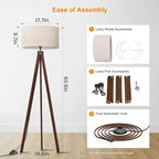 LEPOWER Wood Tripod Floor Lamp, Mid Century Standing Lamp, Modern Design Studying Light for Living Room, Bedroom, Study Room and Office, Flaxen Lamp Shade with E26 Base Walnut