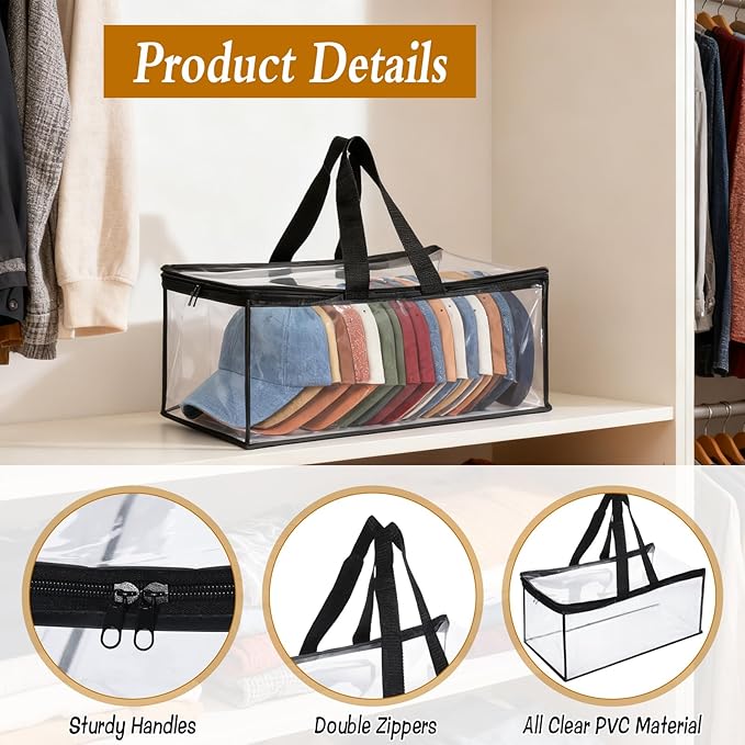 4 Pcs Hat Storage for Baseball Caps, All Clear Hat Organizer for Baseball Caps with 2 Sturdy Handles Stackable Hat Bags Holds Up to 48 Hats, Foldable for Home and Travel