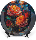 Stained Glass Theme Decorative Ceramic Plate Round Porcelain Plate,10 inch,Roses Pattern,for Decorative Ornaments Giving Plates, 1 Plate with 1 Display Stand,Green Red Orange