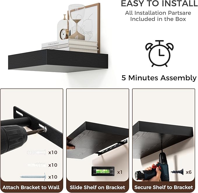 Venusmiles Square Floating Shelves for Wall, 12" W x 12" D x 2" H, 2 Pack of Small Wall Mounted Engineered Wood Shelves with Invisible Brackets for Living Room, Bedroom, Bathroom, Kitchen Decor, Black