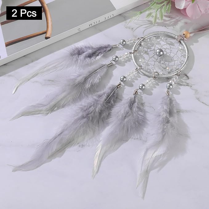 uxcell 2pcs Dream Catchers, Small Handmade Feather Dreamcatcher Supplies Car Charm with Crystal Beads Wall Hanging Decor for Home Car Decoration Ornament Women Friend Gift, Purple Grey