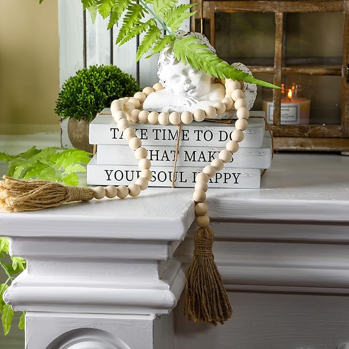 Jetec Decorative Display Books Hardcover, Faux Farmhouse Stacked for Coffee Tables Shelves with Wood Bead Tassels 58 Inch, 3 Pieces, White(Take Time to do, What Makes, Your Soul Happy)