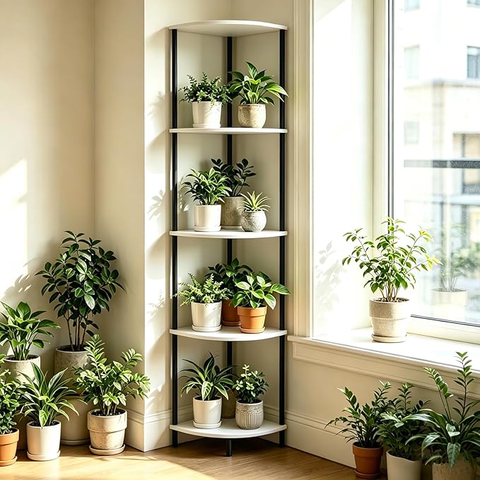 5-Tier Corner Shelf Stand,Tall Narrow Bookshelf for Small Spaces,Rustic Wood & Metal Storage Shelf,Display Plant Stand with Anti-Tip Straps for Bedroom,Living Room,Bathroom,White