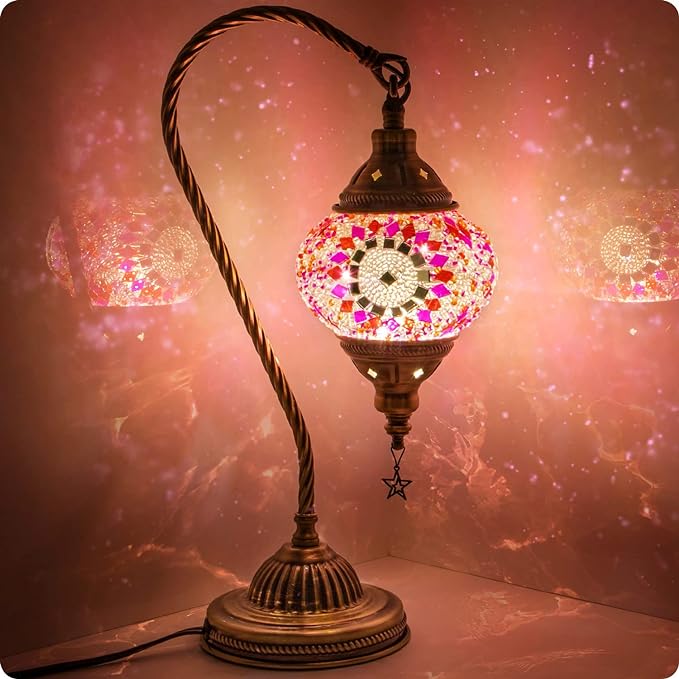 Yarra-Decor Turkish Moroccan Lamp with Bronze Base 3 Color Options Handmade Swan Neck Tiffany Mosaic Glass Bedside Lamps for Bedroom (LED Bulb Included) (3)