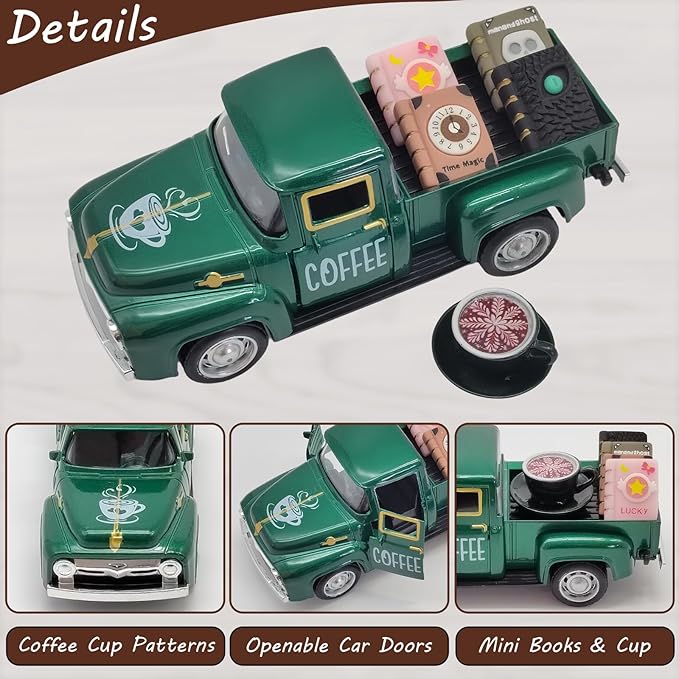 Coffee Bar Decor Vintage Mini Metal Pickup Truck Decorations with Book Accessories for Coffee Station, Farmhouse Tiered Tray Table Decorations for Home Kitchen, Office, Cafe