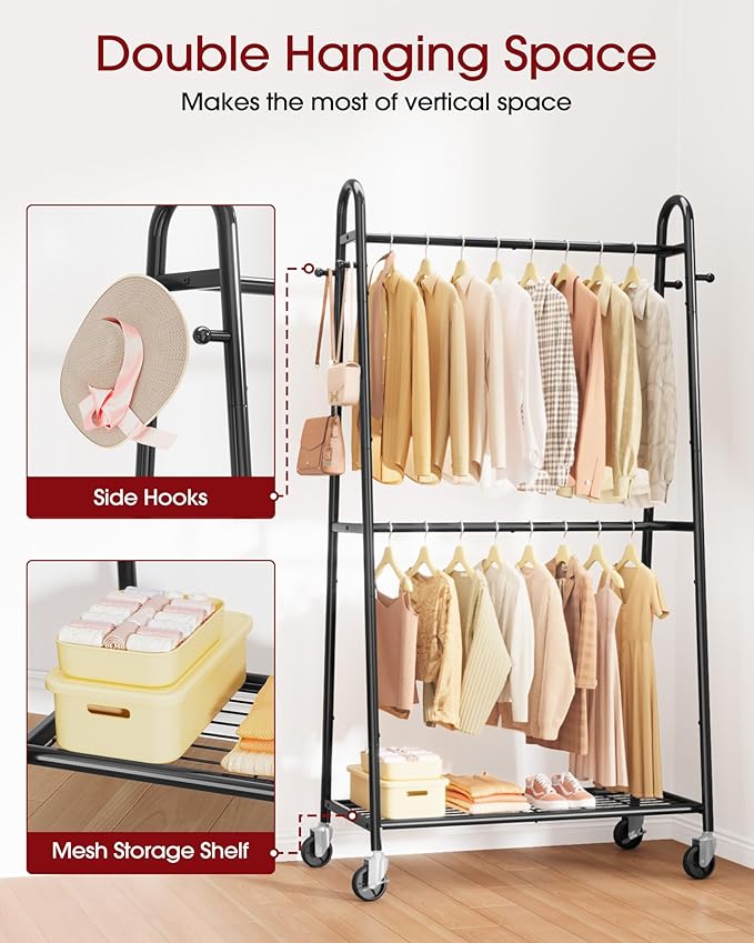 Heavy Duty Clothes Rack, Metal Clothing Rack with Double Hanging Rods, 4 Hooks & Mesh Shelf, Freestanding Garment Rack with Triangular Design for Bedroom Closet, 36.5" x 16.9" x 72.8", Black
