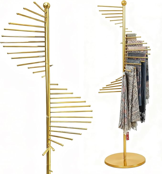 Scarf Hanger Organizer Stand Metal Scarf Display for Multiple Scarves Spiral Hijab Hanger Gold Tie Rack with 30 Bars Heavy Duty Pant Hanger Space Saving Commercial Holder for Tie, Belt, Chothes
