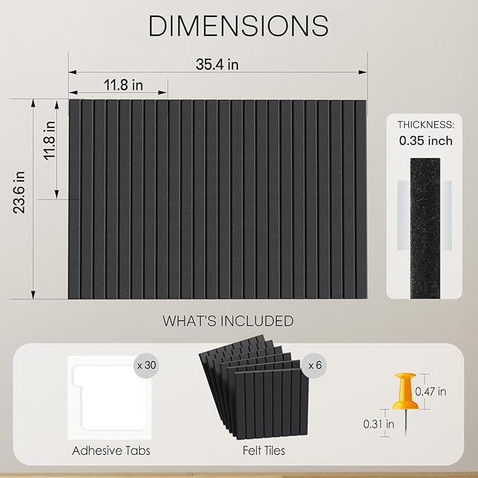MaxGear Large Cork Boards for Walls 36" x 24", Charcoal Gray Felt Bulletin Board Tiles for Office Decor, 6 Pack Felt Wall Tiles with Slat Paneling, Push Pin Board Home Wall Organizer