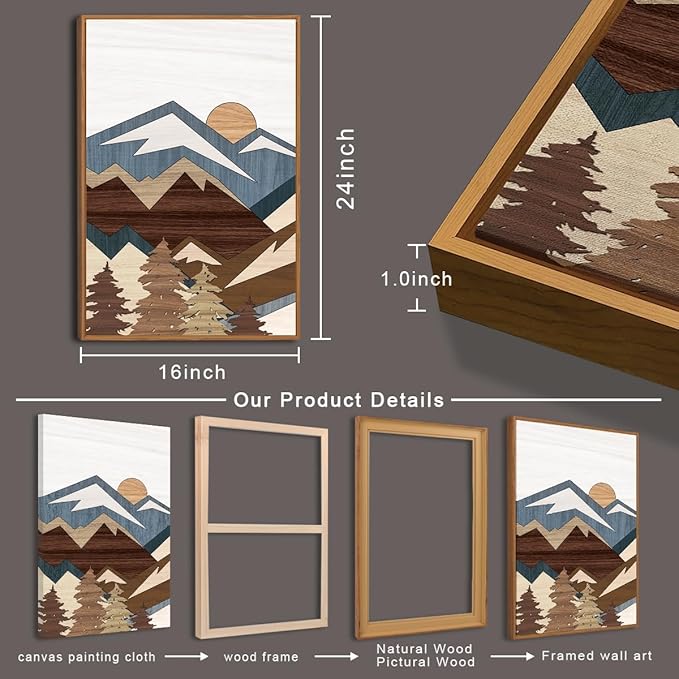 BINCUE Large Mountain Wall Art Vintage Mountains Wall Decor Framed Landscape Artwork Rustic Mountain Art Prints Farmhouse Landscape Wall Pictures for Living Room Bedroom Office Farmhouse 16x24 Inch Set of 3