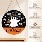 Halloween Door Decorations Cute Halloween Ghost Wreath Welcome Hey Boo Wood Hanger 12x12 Inch Farmhouse Holiday Wall Hanging Decorations for Home Porch Indoor Outdoor Party Supplies
