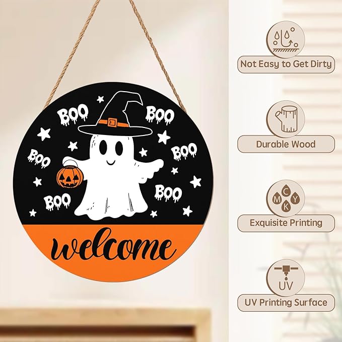Halloween Door Decorations Cute Halloween Ghost Wreath Welcome Hey Boo Wood Hanger 12x12 Inch Farmhouse Holiday Wall Hanging Decorations for Home Porch Indoor Outdoor Party Supplies